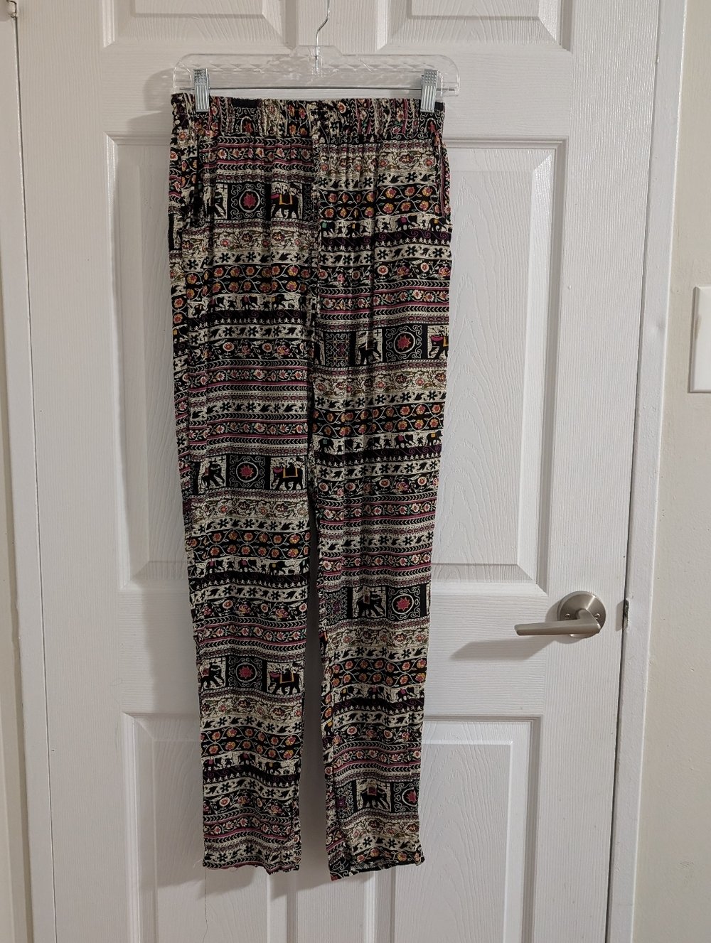 Zig & Mez Elephant Floral Print Boho Harem Pants - Black/Multi Smocked Waist M/L